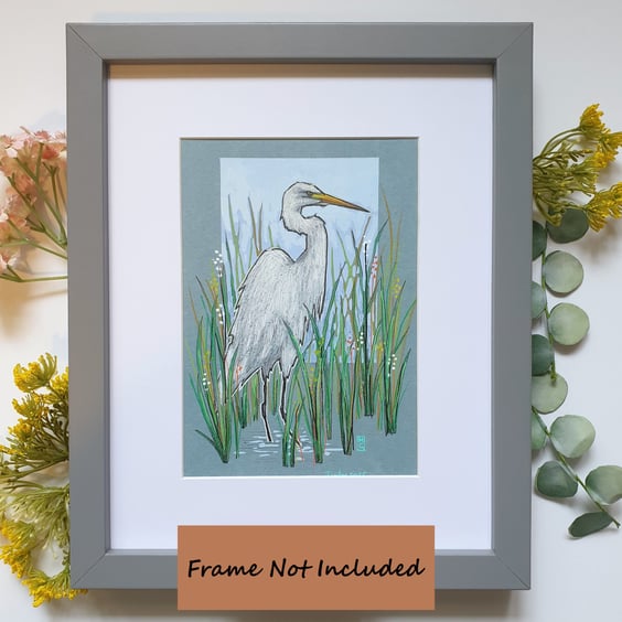 Great White Egret small original drawing, bird artwork, wall art