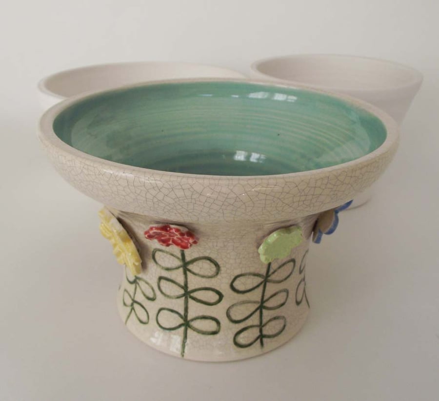 Ceramic hand thrown crackle bowl with spring flowers