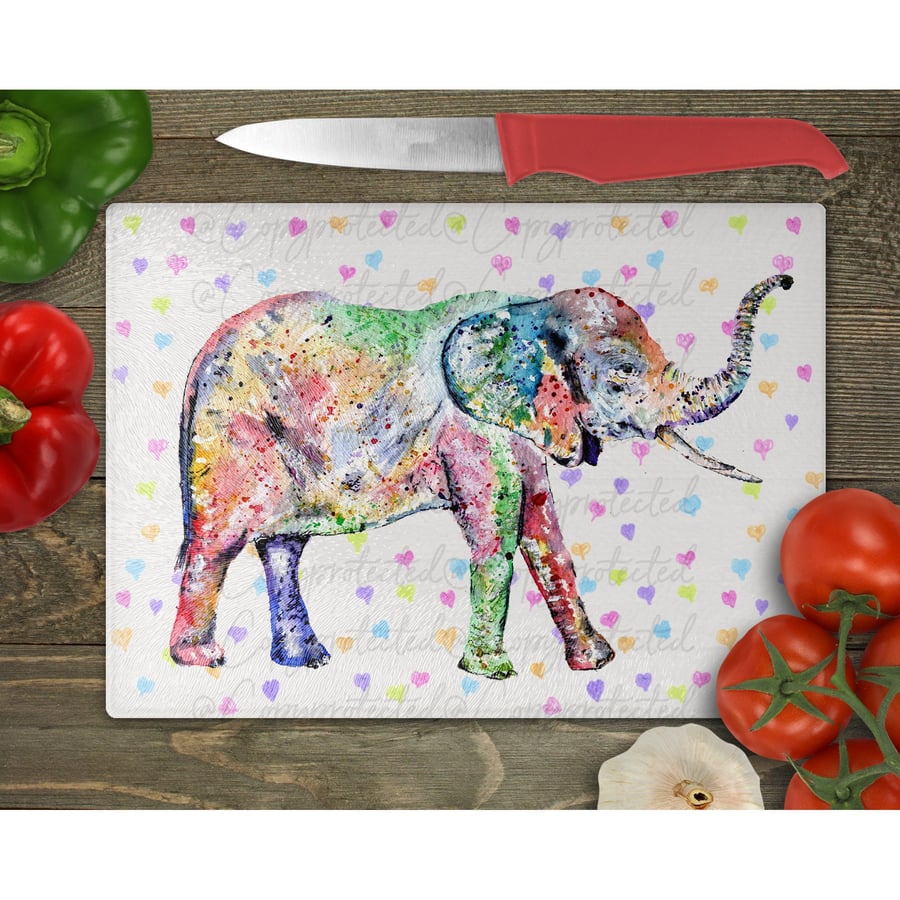 Elephant glass chopping board, rainbow watercolour artwork, worktop saver
