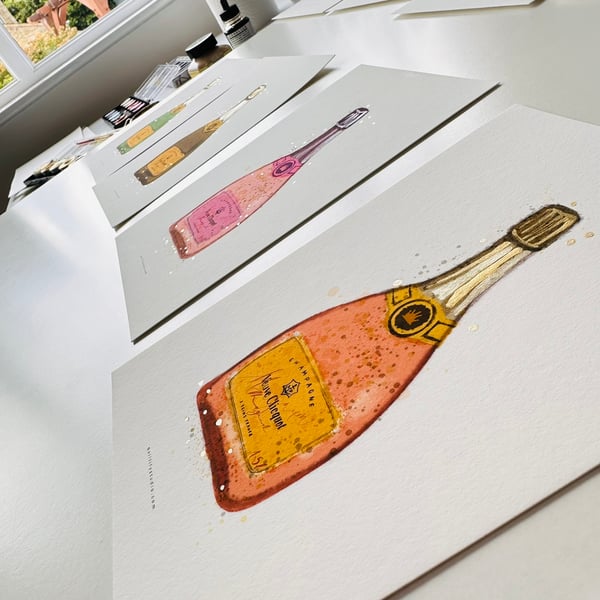 Hand Finished Watercolour Art Print - Veuve Champagne Blush