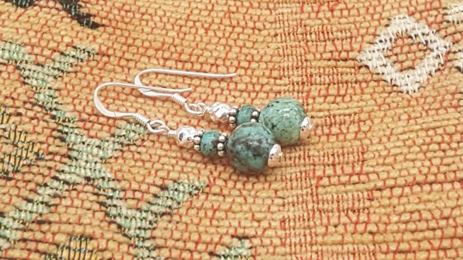 African Turquoise and Sterling Silver Drop Earrings.