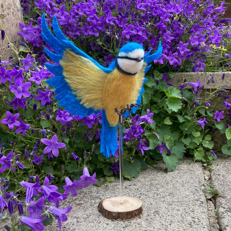  Blue tit in flight, needle felt woollen bird sculpture model