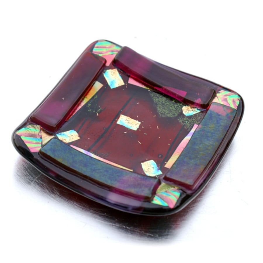 Fused Glass Trinket Dish 8cm Plum Bordered Dichroic 004