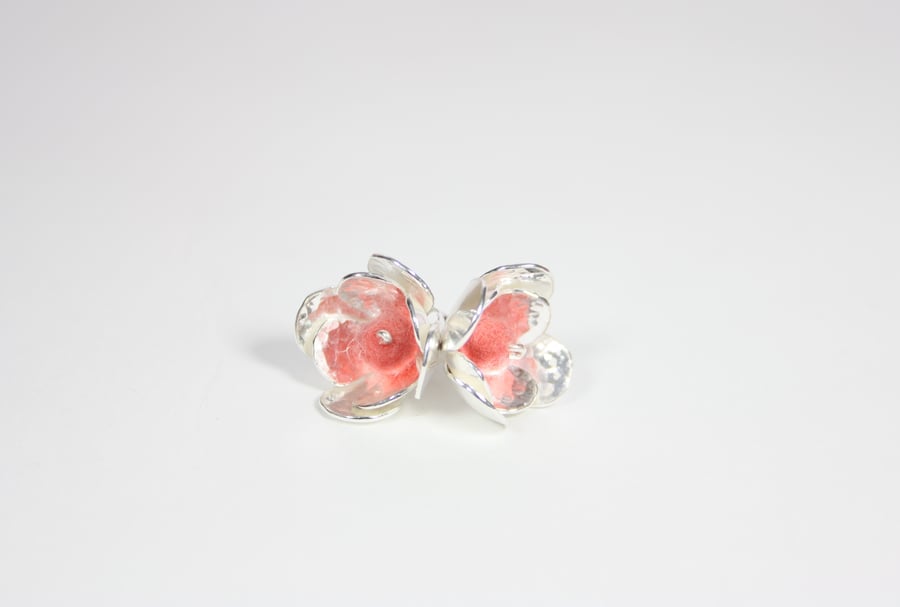 Silver Flower Stud Earrings with Hand Felted Peach Beads