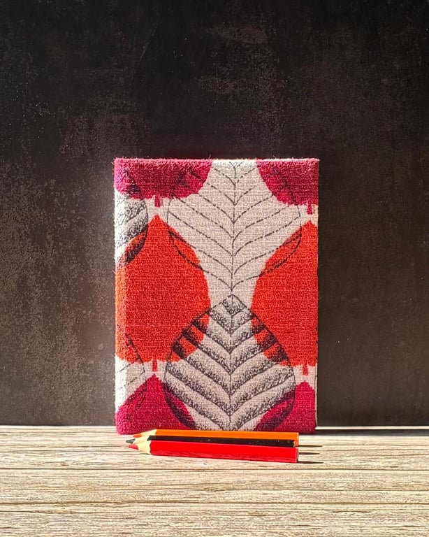 Handmade A6 Journal with 1950's Orange Autumn Leaf Vintage Barkcloth Fabric