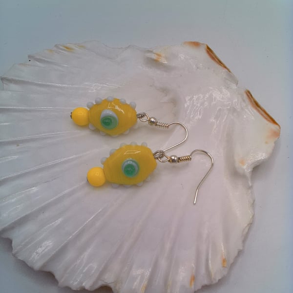 Yellow Art Glass Earrings with Green Eye and White Dots, Gift for Her, Earrings