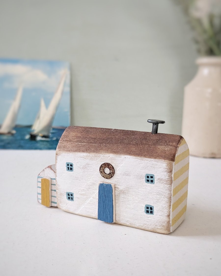 Handmade Painted Wooden Seaside Cottage with Teeny Stripy Shed