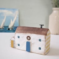 Handmade Painted Wooden Seaside Cottage with Teeny Stripy Shed