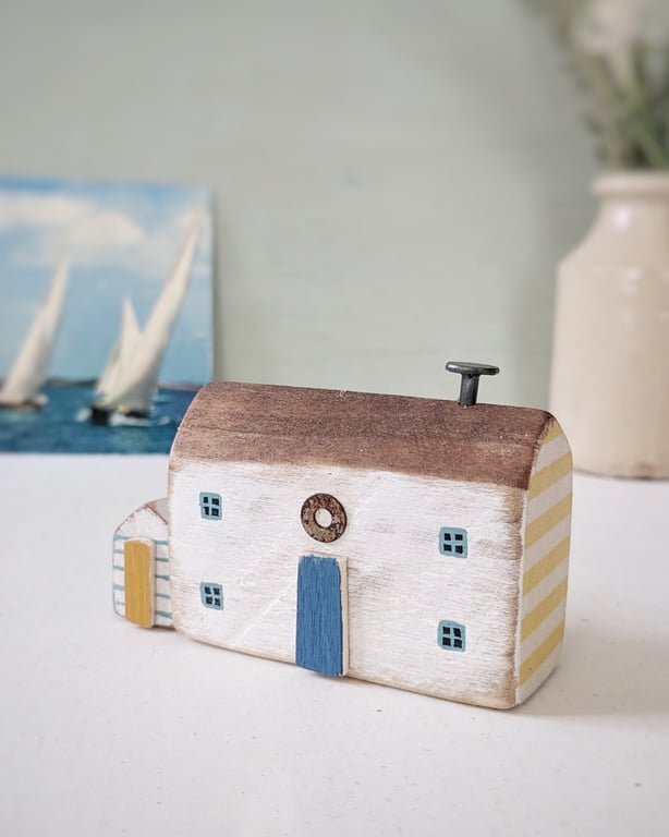 Handmade Painted Wooden Seaside Cottage with Teeny Stripy Shed