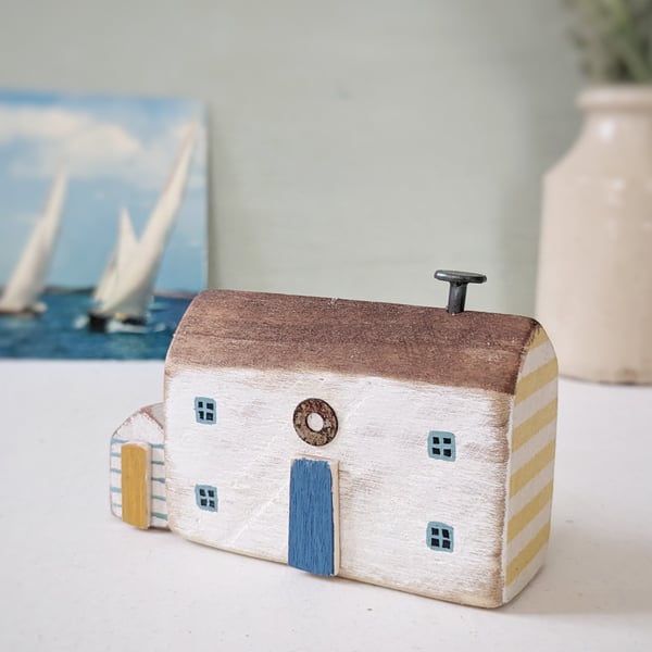 Handmade Painted Wooden Seaside Cottage with Teeny Stripy Shed