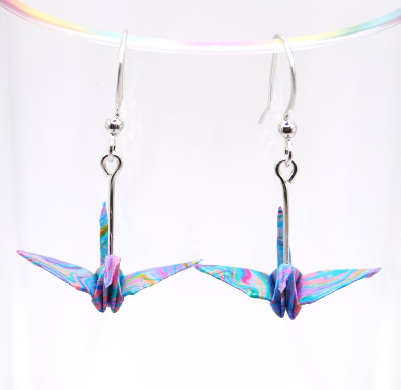 Marbled Multicolour Origami Crane Earrings.Unique Gift.Trippy Earrings