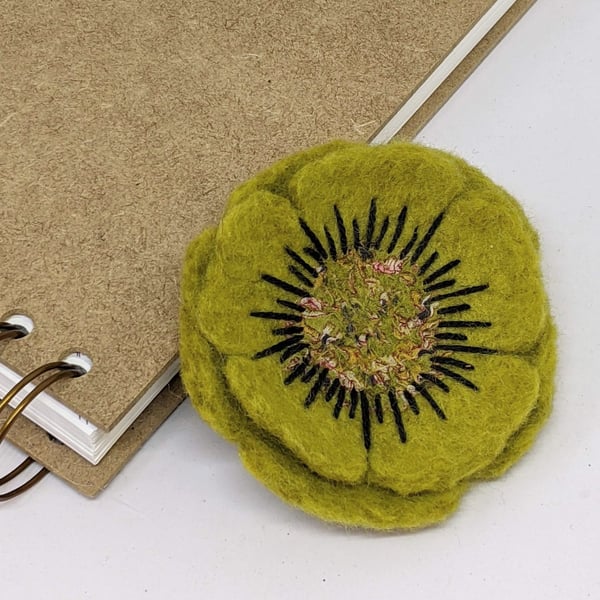 Felted flower brooch - chartreuse yellow green anemone