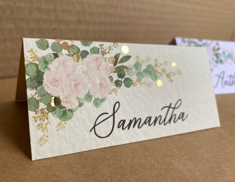 6x blush pink roses EUCALYPTUS name place CARDS sage green wedding table decor