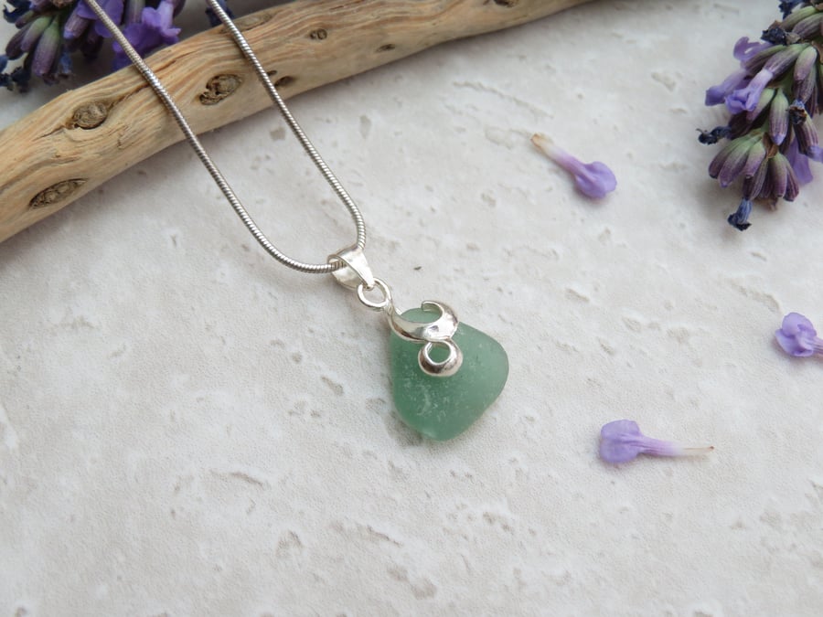 Natural Pastel Mint Green Sea Glass Necklace with Silver Swirl Bail