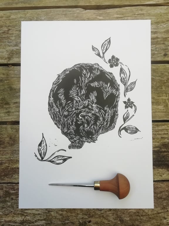 Sleeping Cat Floral Print – Original handmade linocut print A4 by Kathryn.Prints
