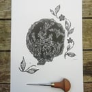 Sleeping Cat Floral Print – Original handmade linocut print A4 by Kathryn.Prints