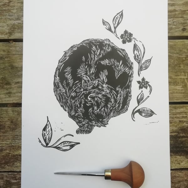 Sleeping Cat Floral Print – Original handmade linocut print A4 by Kathryn.Prints