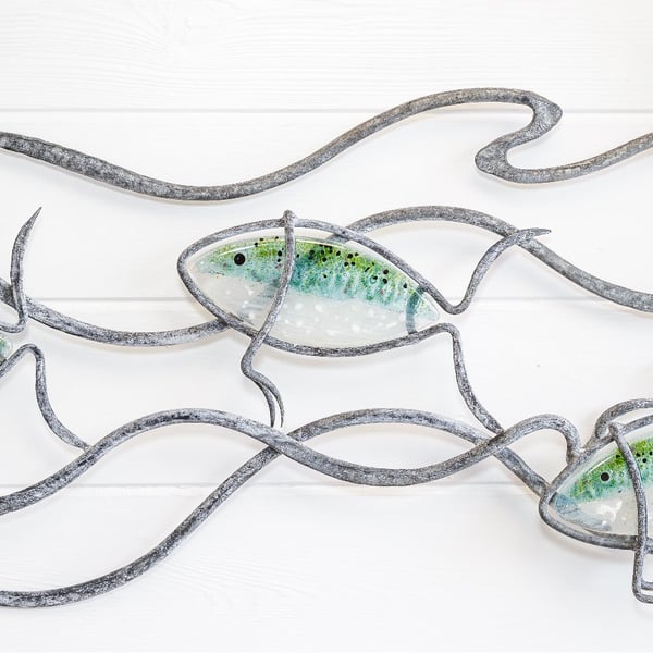 Under the Sea fish wall panel, beautifully hand crafted glass a galvanised steel