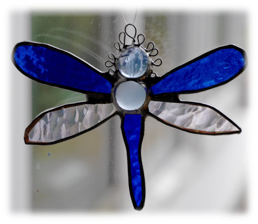 Dragonfly Suncatcher  Handmade Stained Glass Small Blue