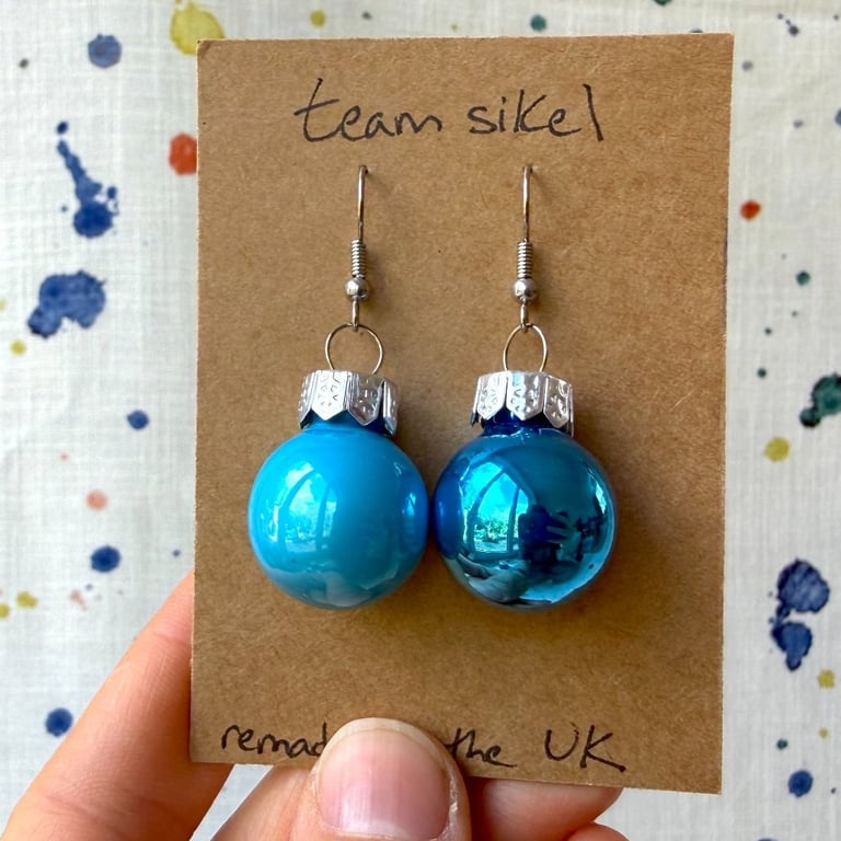 Mixed Shiny Blue Glass Mini Bauble Earrings - Festive Jewellery - Super Seconds