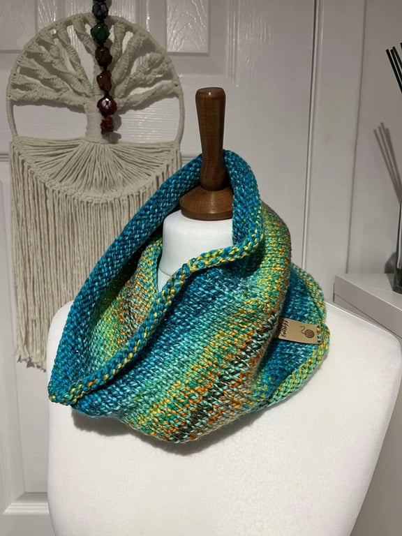 Ribbed neck warmer cowl in soft acrylic yarn 56cms x 18cms wide Blues, greens