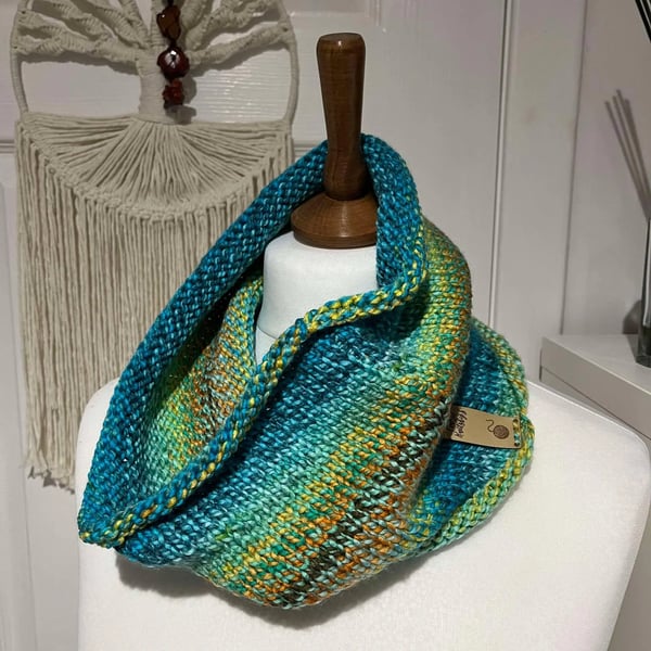 Ribbed neck warmer cowl in soft acrylic yarn 56cms x 18cms wide Blues, greens