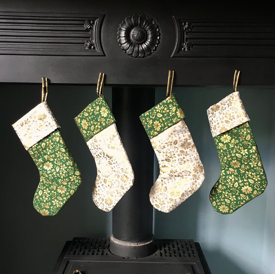 Green Cream and Gold Poinsettia Christmas Stockings FREE POST 