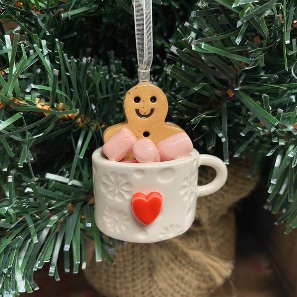 Ceramic Christmas decoration gingerbread man in a mug 3D red heart