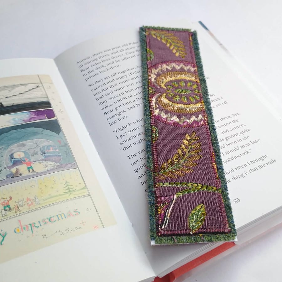 Textile bookmark - botanical jacquard curtain, wool and velvet fabrics, plum