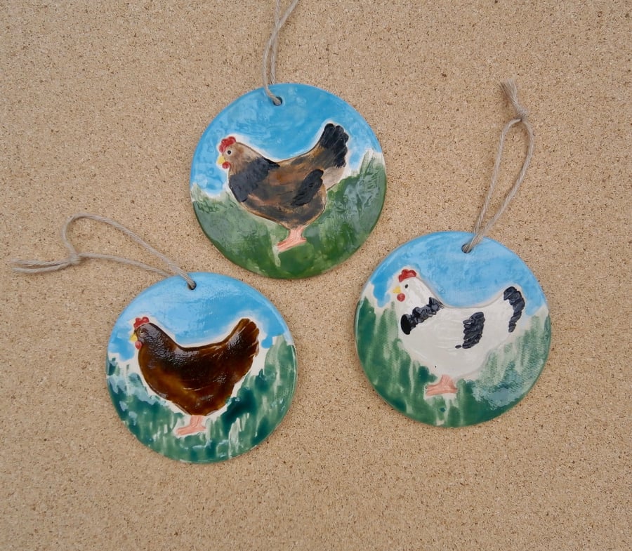 Ceramic chicken ornament, Hen hanging ornament, White or brown chicken, Farm ani