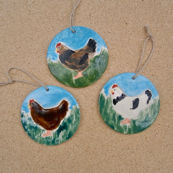 Ceramic chicken ornament, Hen hanging ornament, White or brown chicken, Farm ani