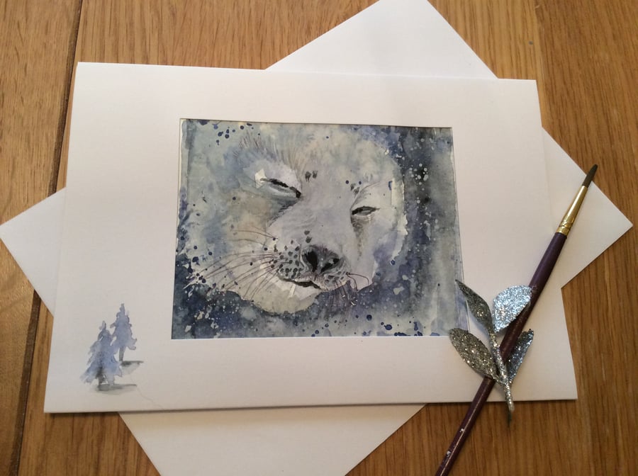 Original hand painted Christmas card of seal in snow
