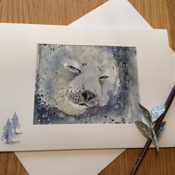Original hand painted Christmas card of seal in snow