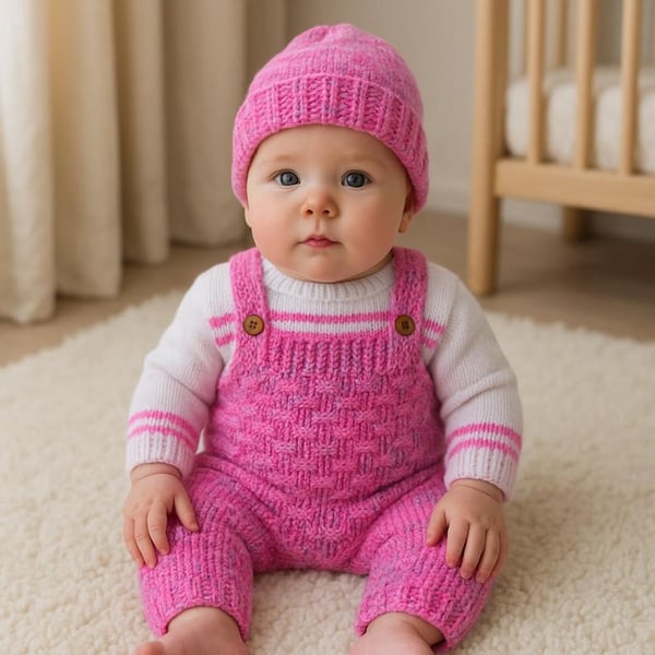 Hand knitted baby girl jumper, dungarees and hat set 0 - 3 months  