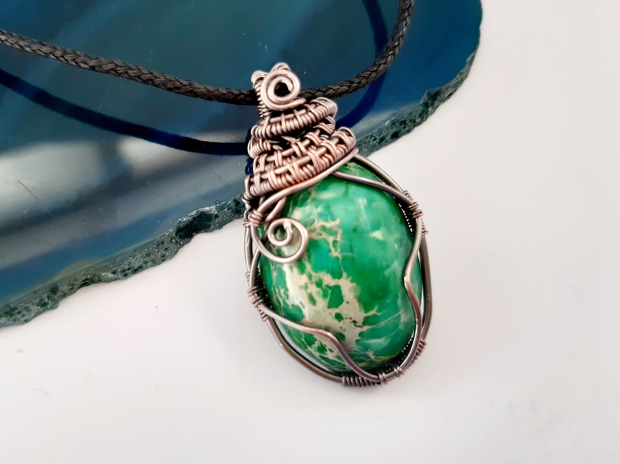 Turquoise Pendant, Jasper Copper Wire Wrapped Necklace, Gifts for Women