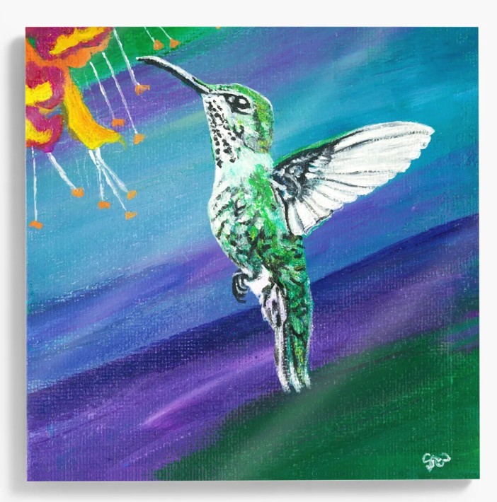Acrylic wall tile 20cm. Printed from my original painting 'Hummingbird'