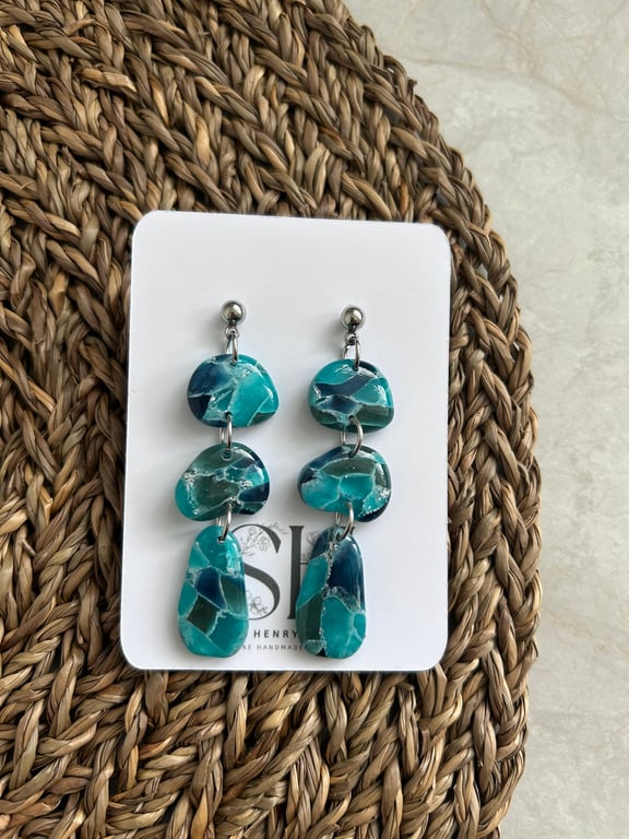 Ocean-Inspired Polymer Clay Dangle Drop Pebble Earrings