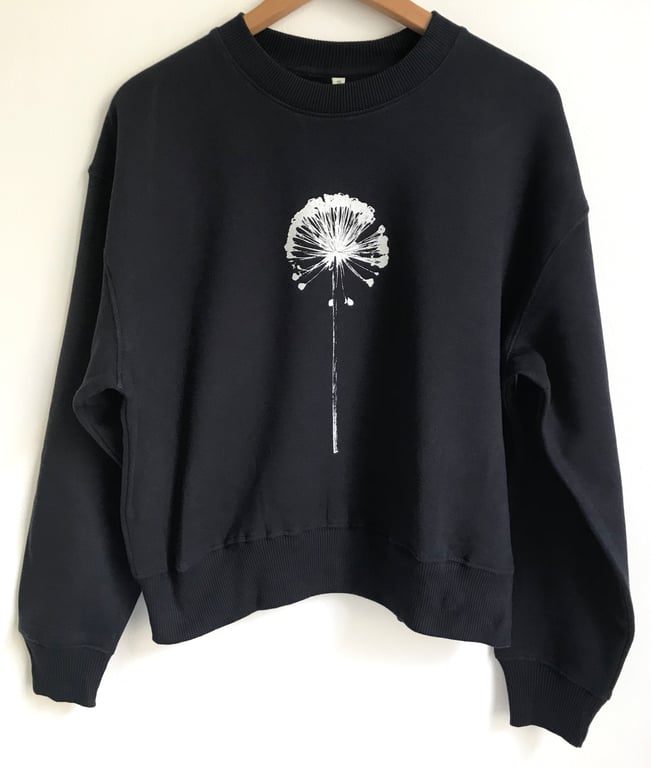 Allium Womens navy blue organic cotton sweatshirt silver allium seedhead print 