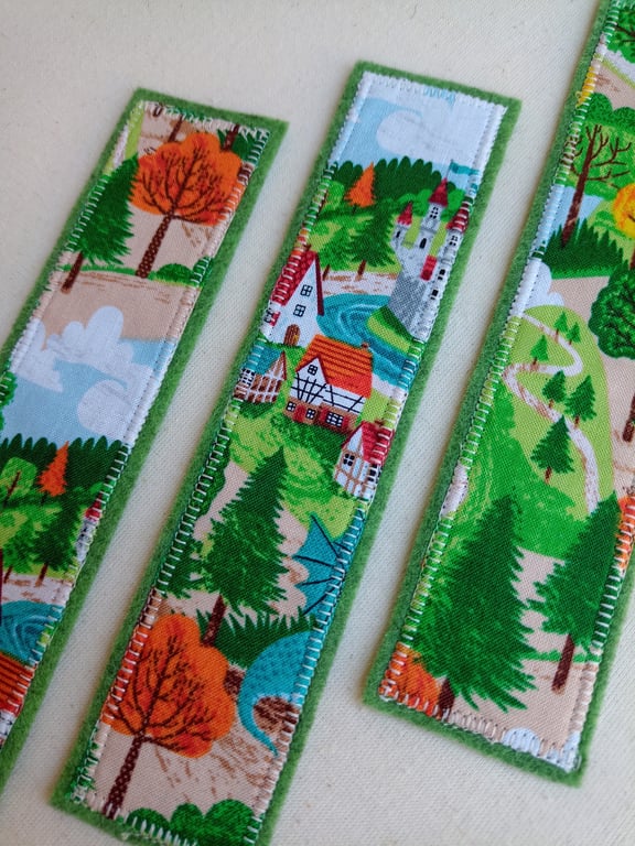 Bookmark, forest village fabric backed with wool felt
