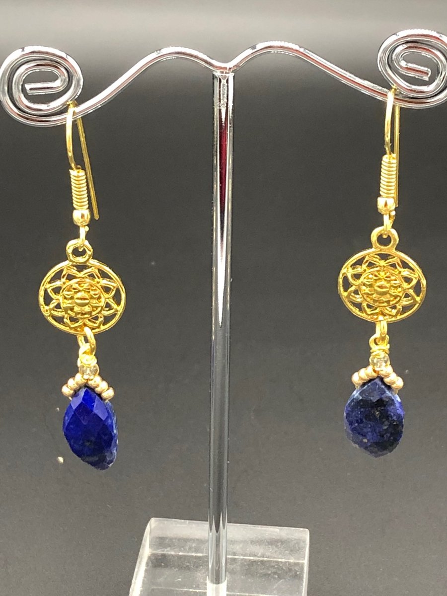 Lapis Lazuli With Mandala Charm Dangle Earrings 