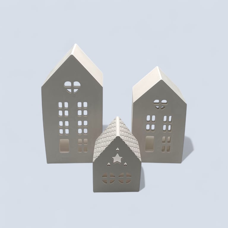 White Village House Lantern Set of 3 Tea Light Holders