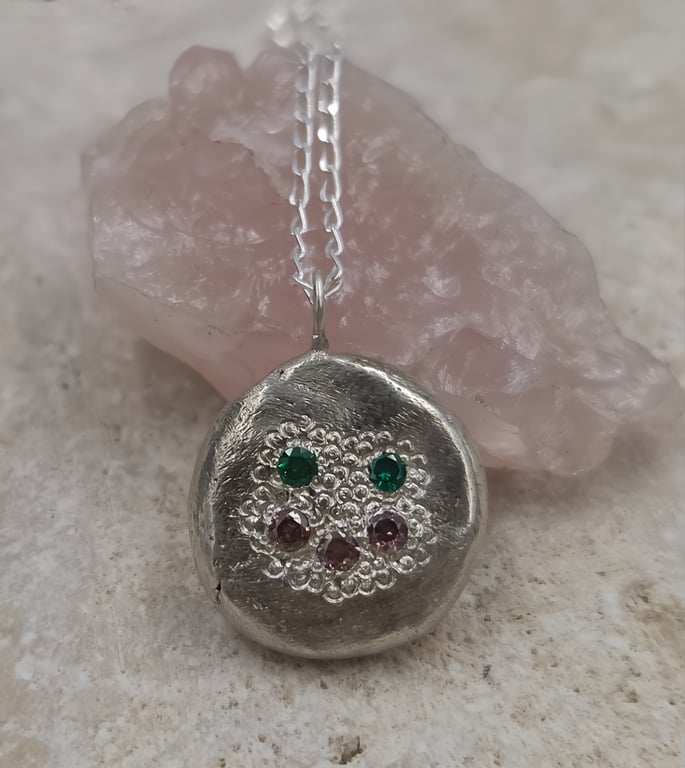Molten Sterling Silver Face Pendant Necklace, Green & Pink Cubic Zirconia