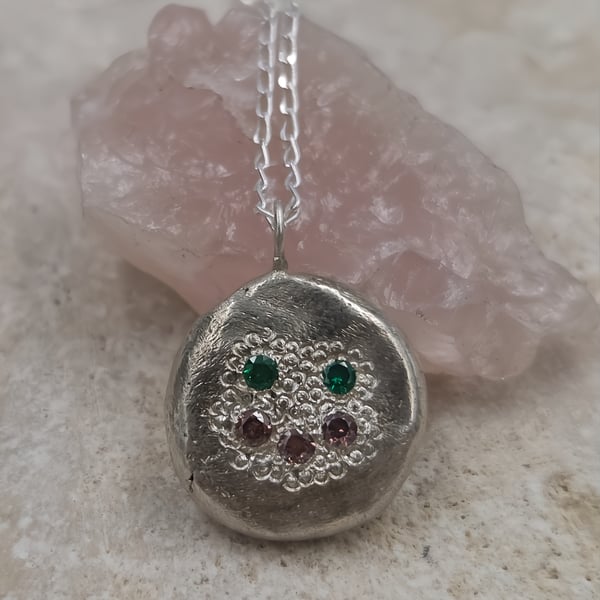 Molten Sterling Silver Face Pendant Necklace, Green & Pink Cubic Zirconia