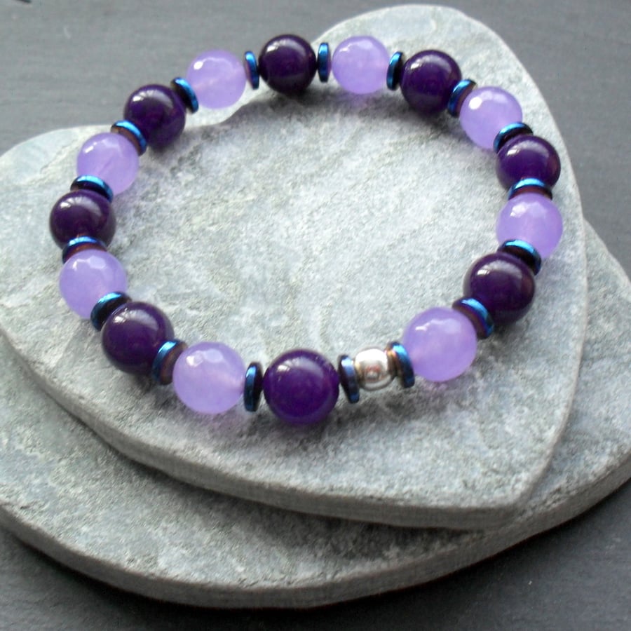 Purple and Lilac Quartz With Blue Haematite Stretch Bracelet 