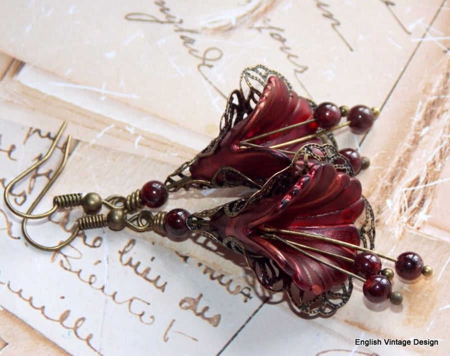 Copper Cranberry Red Hand Painted Lucite Lily Flower Earrings, Floral Boho 