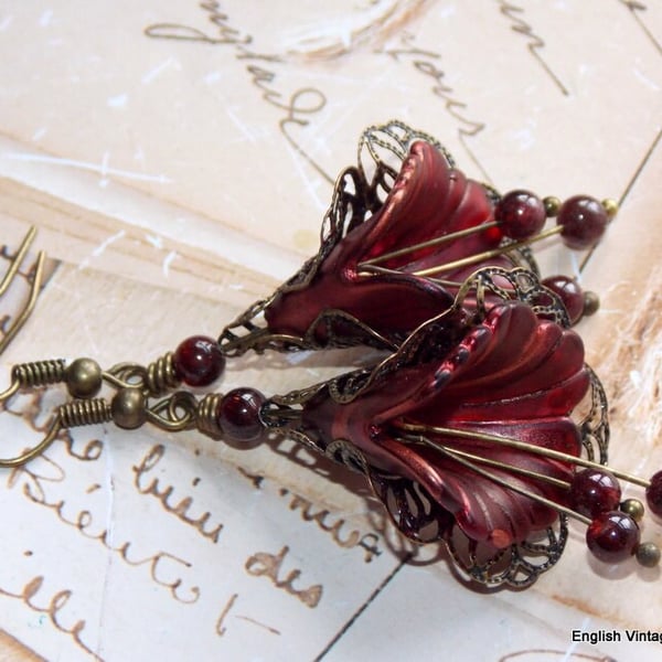 Copper Cranberry Red Hand Painted Lucite Lily Flower Earrings, Floral Boho 