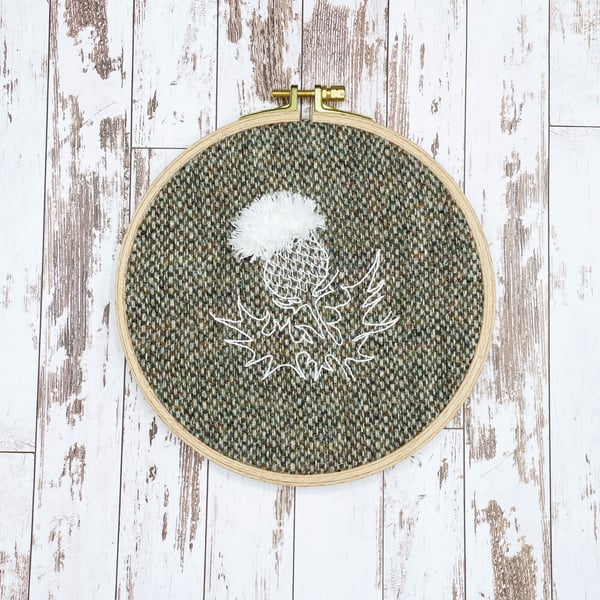 Whitework thistle flower embroidery on barleycorn Harris tweed, 6.5”. 