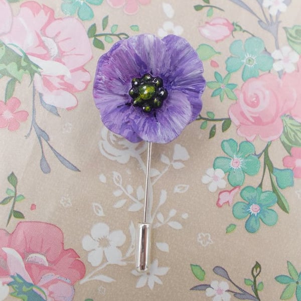 PURPLE POPPY PIN Memorial War Animals Remembrance Lapel Flower Pin HAND PAINTED