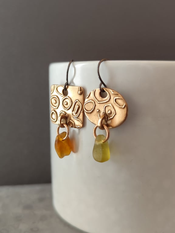 Mis-match Bronze and seaglass drop earrings, recycled material