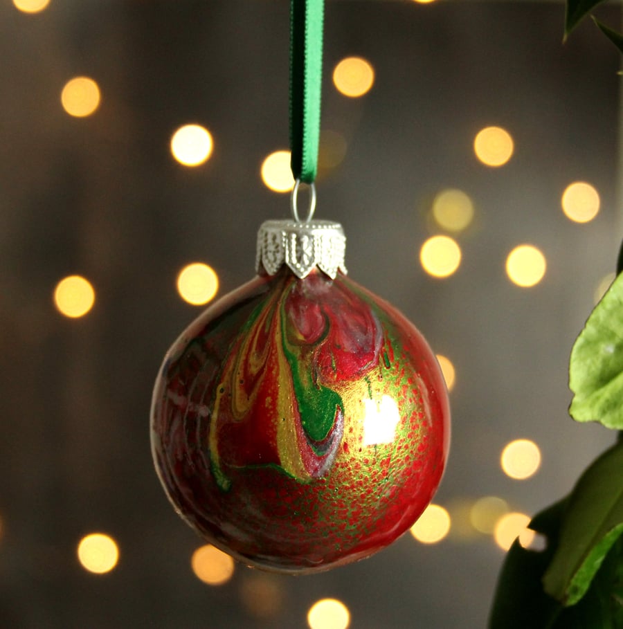 Red green gold Ceramic Christmas decoration bauble acrylic pour technique 